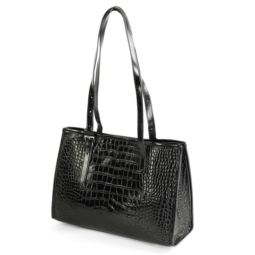 Skórzana torba shopper z fakturą na ramię Solier FL55 LUNE czarna