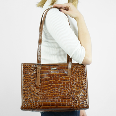 Skórzana torba shopper z fakturą na ramię Solier FL55 LUNE brązowa