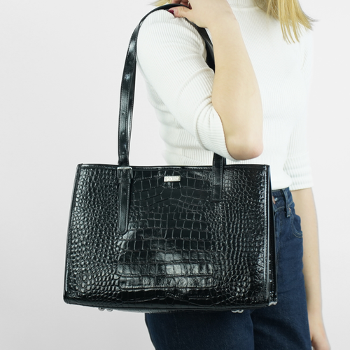 Skórzana torba shopper z fakturą na ramię Solier FL55 LUNE czarna