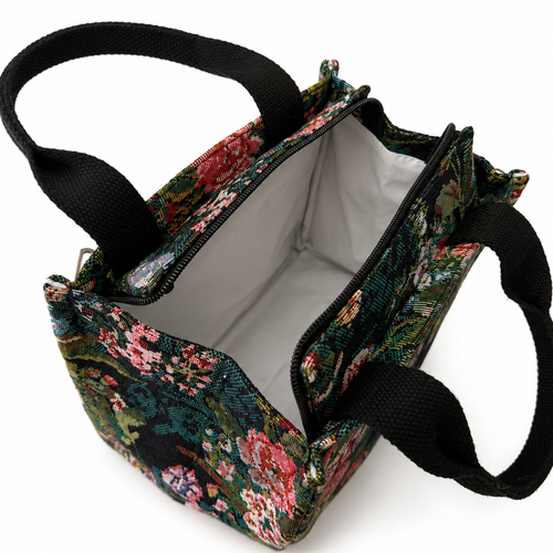 Lunchbox damski termiczny torba na lunch żakardowa LBS06 - czarna w kwiaty