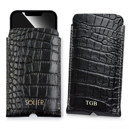 Personalizowane skórzane etui na IPhone 12/13/14 Solier SA57 czarny wąż