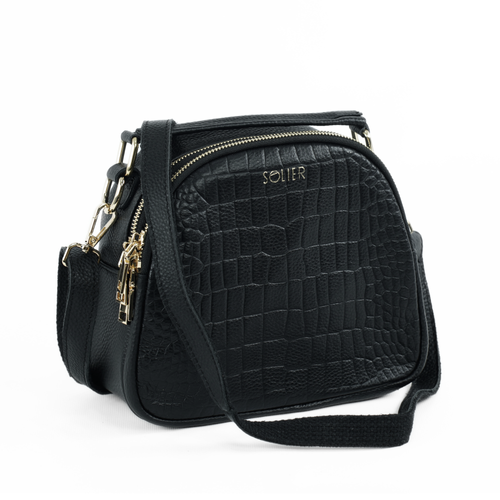 Skórzana torebka damska kuferek crossbody Solier FL58 Fira czarna