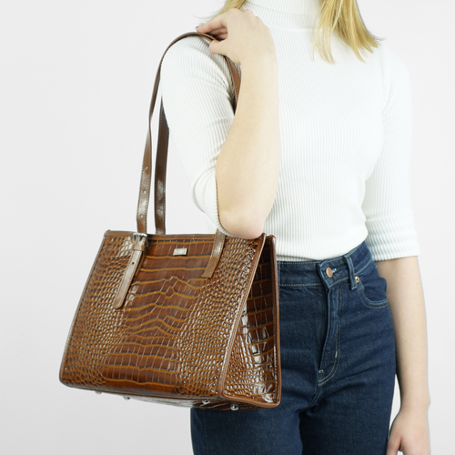 Skórzana torba shopper z fakturą na ramię Solier FL55 LUNE brązowa
