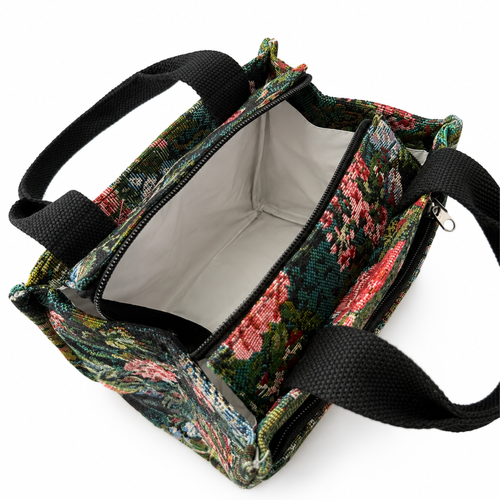 Lunchbox damski termiczny torba na lunch żakardowa LBS06 - czarna w kwiaty