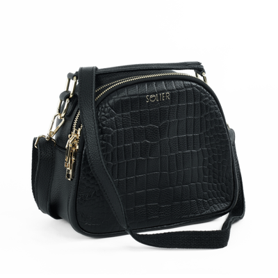 Skórzana torebka damska kuferek crossbody Solier FL58 Fira czarna